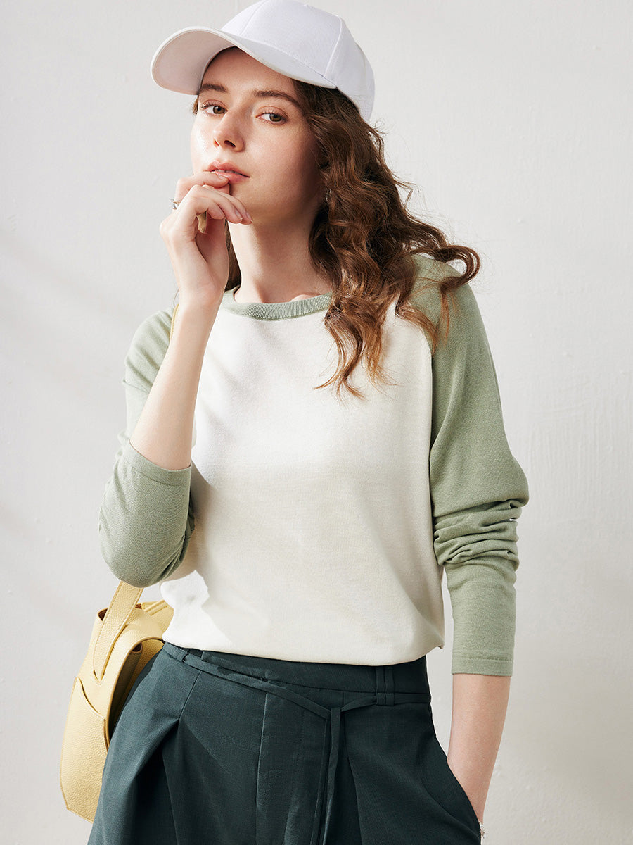 COMOBOCA Women's Colorblock Raglan Round Neck Sweater