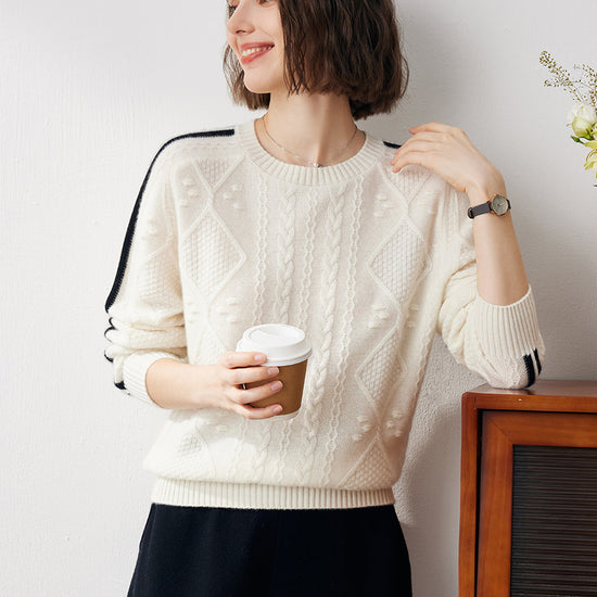 COMOBOCA 100% Cashmere Women's Crew Neck Intarsia Knit Sweater