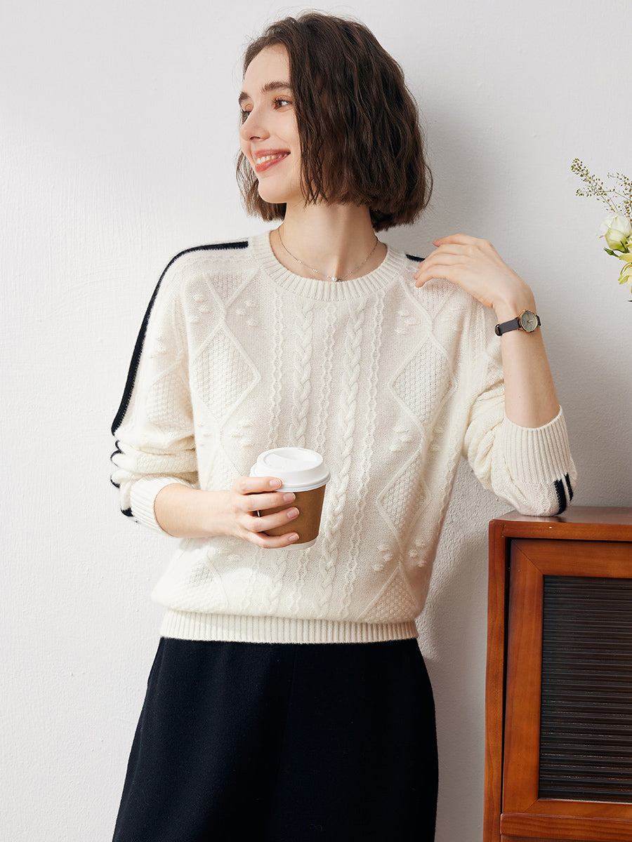 COMOBOCA 100% Cashmere Women's Crew Neck Intarsia Knit Sweater