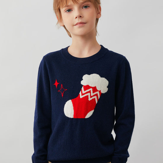 COMOBOCA Navy Blue 100% Wool Kids' Christmas Stocking Round Neck Sweater