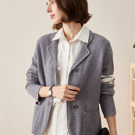 COMOBOCA Gray 100% Cashmere Women's Striped Sleeve Knit Pocket Cardigan