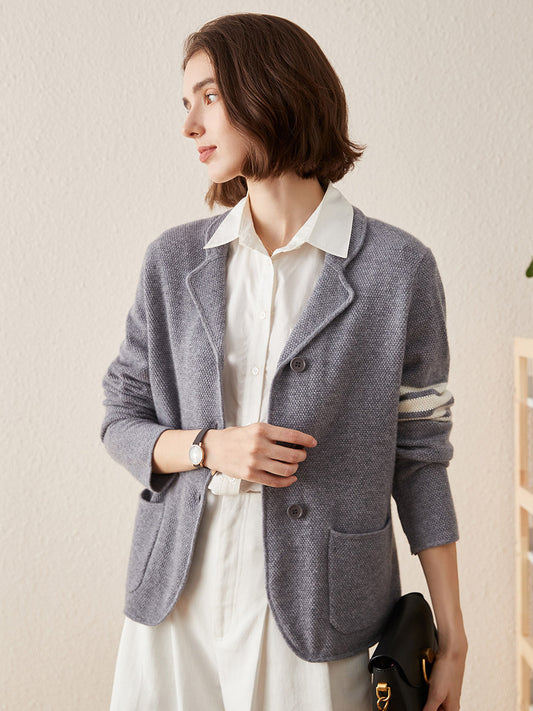 COMOBOCA Gray 100% Cashmere Women's Striped Sleeve Knit Pocket Cardigan