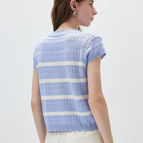 COMOBOCA Women's Cap Sleeve Striped Openwork Knit T-Shirt