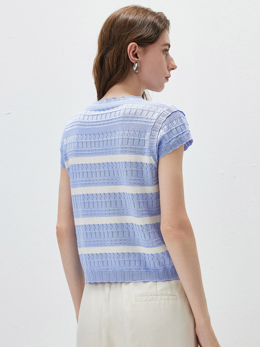 COMOBOCA Women's Cap Sleeve Striped Openwork Knit T-Shirt