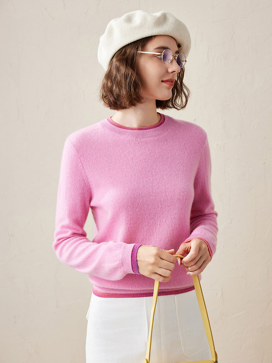 COMOBOCA Pink 100% Cashmere Women's Color Accented Knit Pullover Sweater