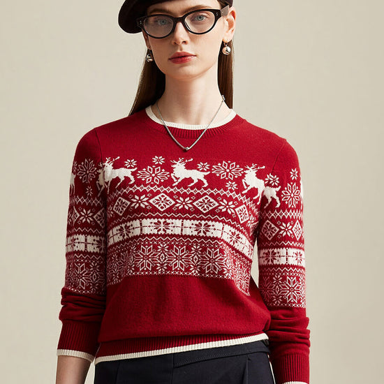 COMOBOCA Red 100% Cashmere Women's Nordic Reindeer Knit Sweater