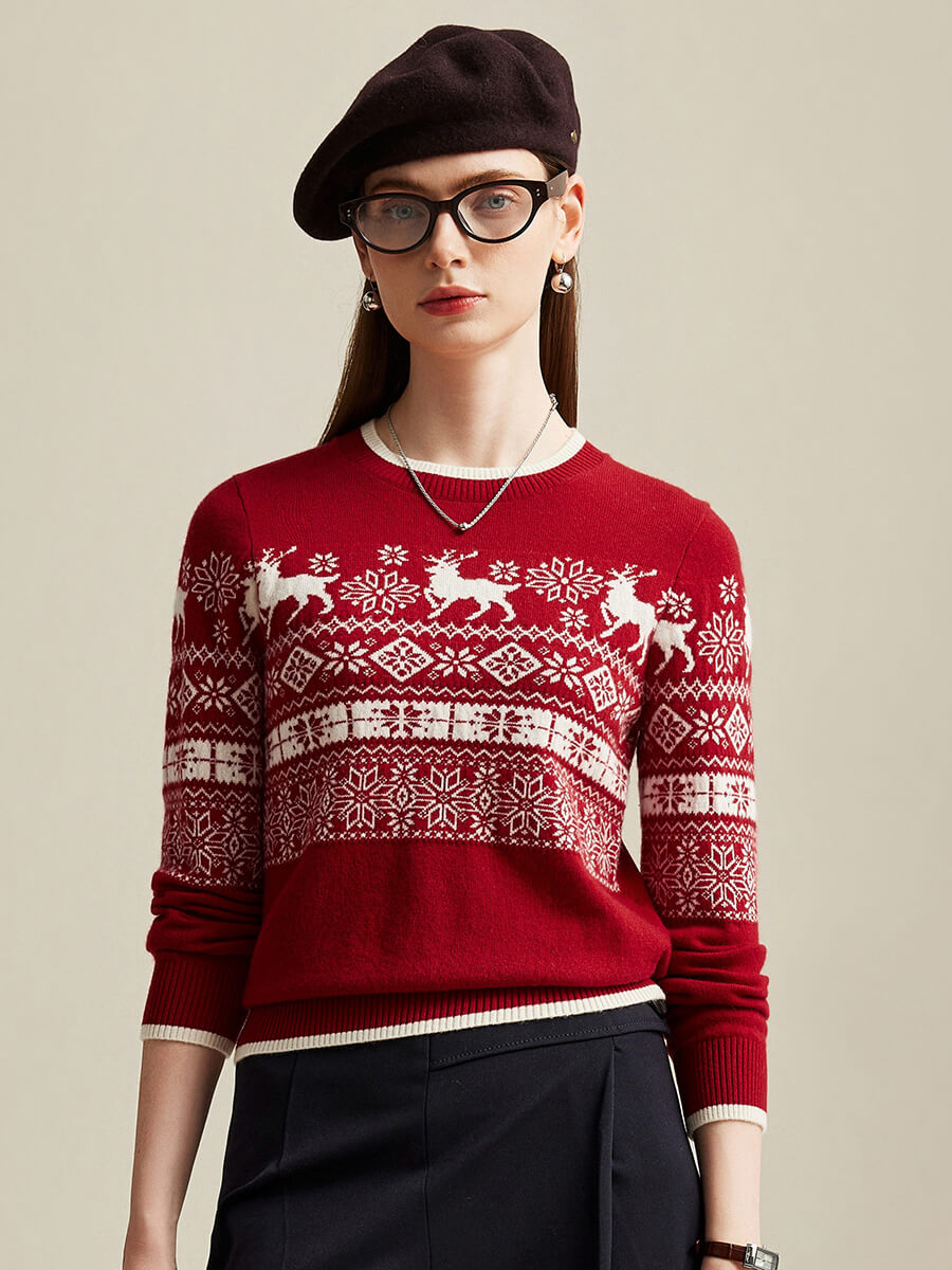 COMOBOCA Red 100% Cashmere Women's Nordic Reindeer Knit Sweater