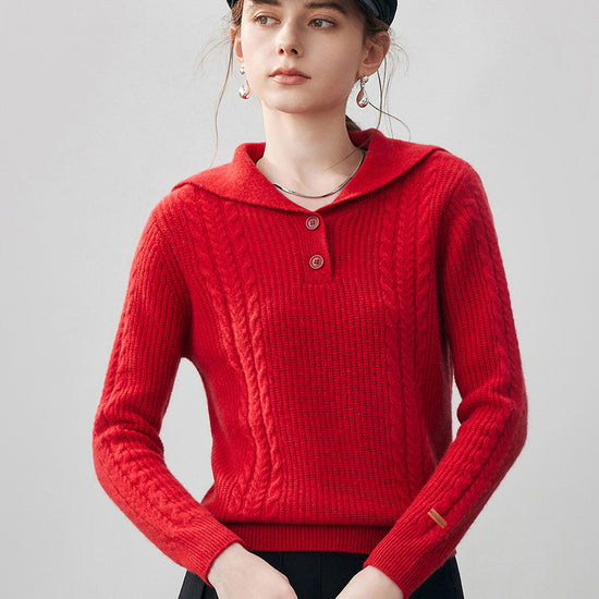 COMOBOCA 100% Cashmere Women's Cable Sailor Collar Sweater