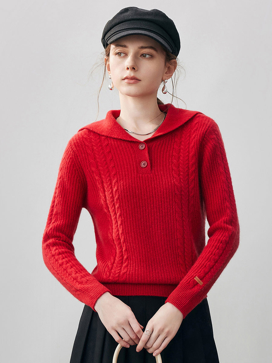 COMOBOCA 100% Cashmere Women's Cable Sailor Collar Sweater
