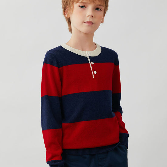 COMOBOCA 100% Wool Kids' Striped Henley Sweater