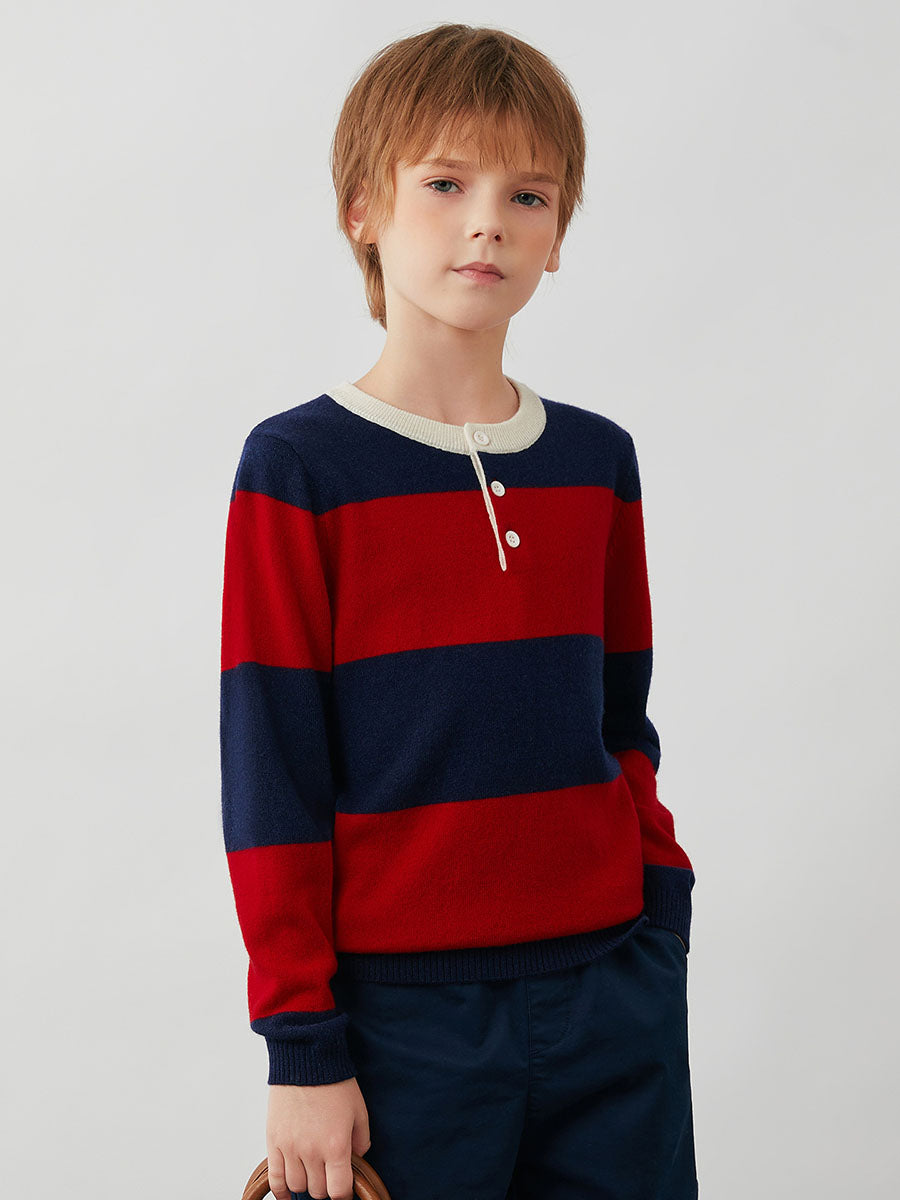 COMOBOCA 100% Wool Kids' Striped Henley Sweater