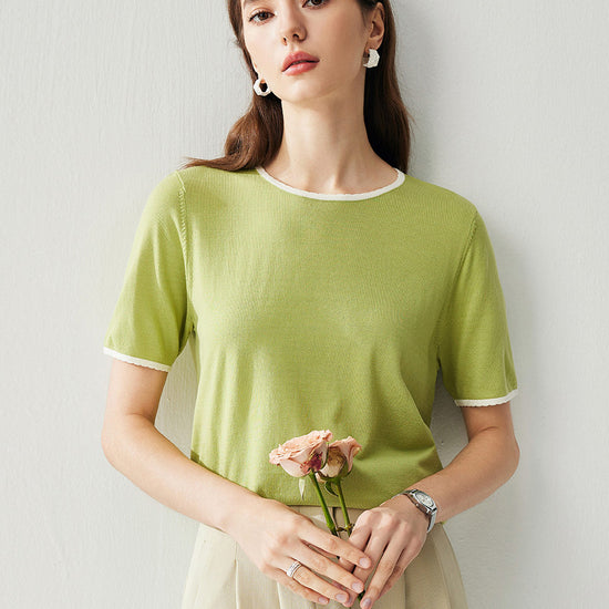 COMOBOCA Women's Contrast Trim Knit T-Shirt