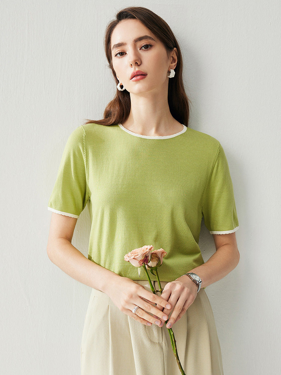 COMOBOCA Women's Contrast Trim Knit T-Shirt