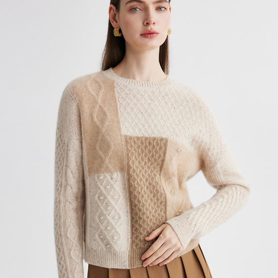 COMOBOCA 100% Cashmere Women's Patchwork Cable Knit Sweater