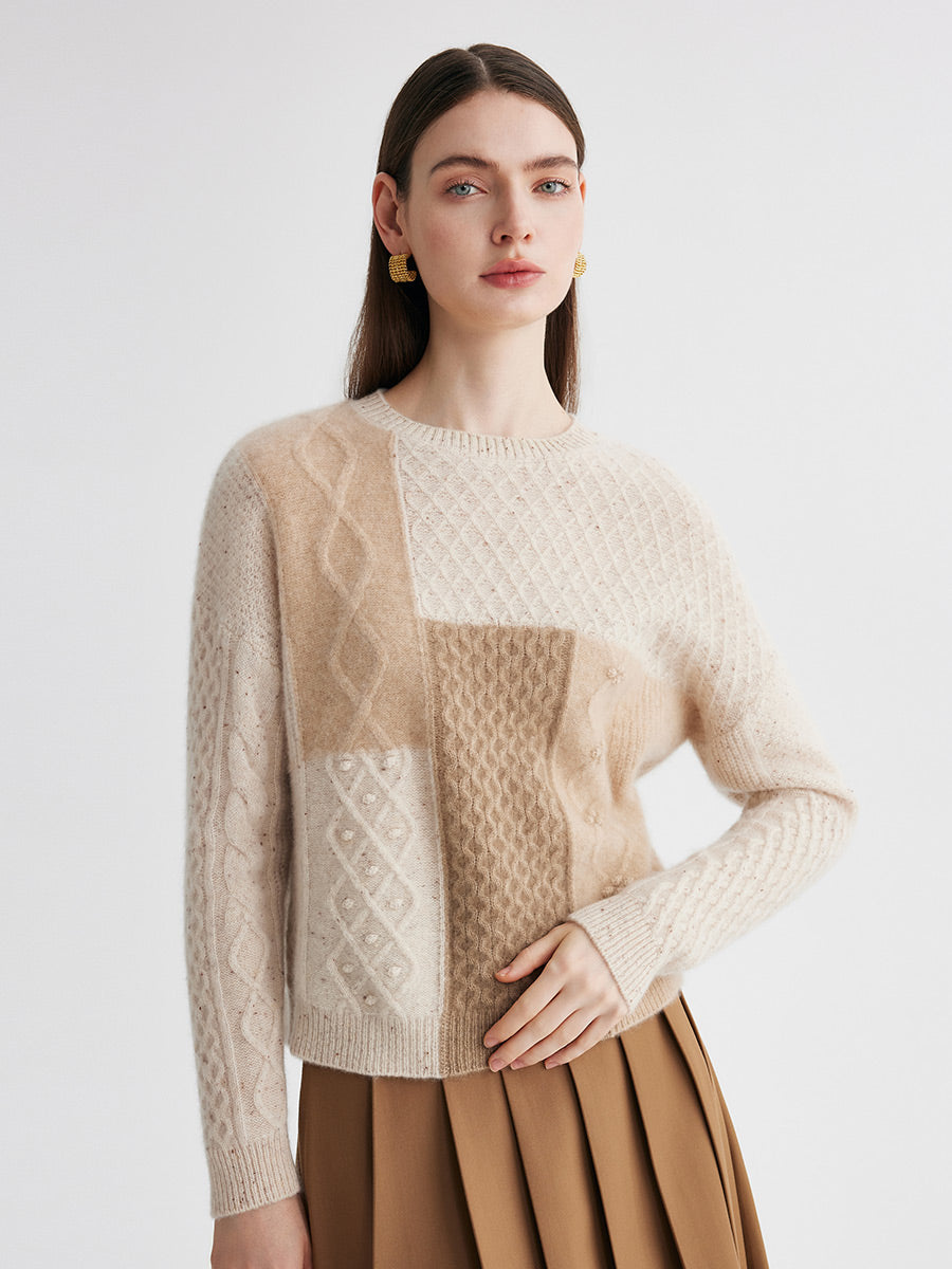 COMOBOCA 100% Cashmere Women's Patchwork Cable Knit Sweater