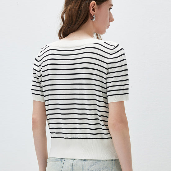 COMOBOCA Women's Striped Short Sleeve Knit Cardigan