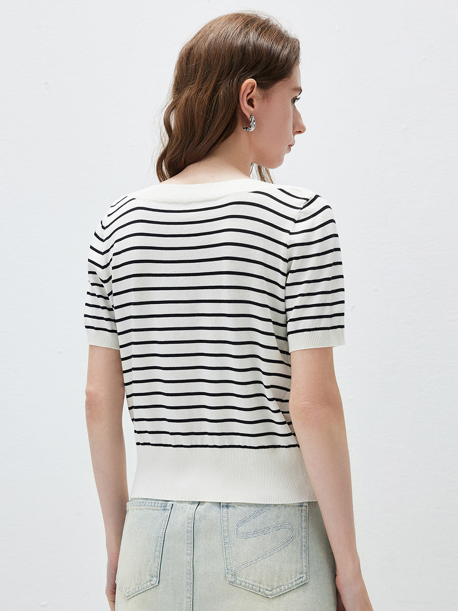 COMOBOCA Women's Striped Short Sleeve Knit Cardigan