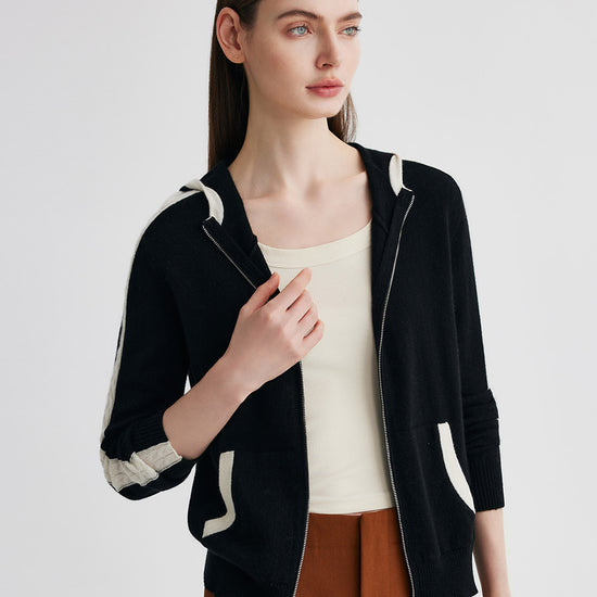 COMOBOCA 100% Cashmere Women's Color Block Zip Up Hoodie