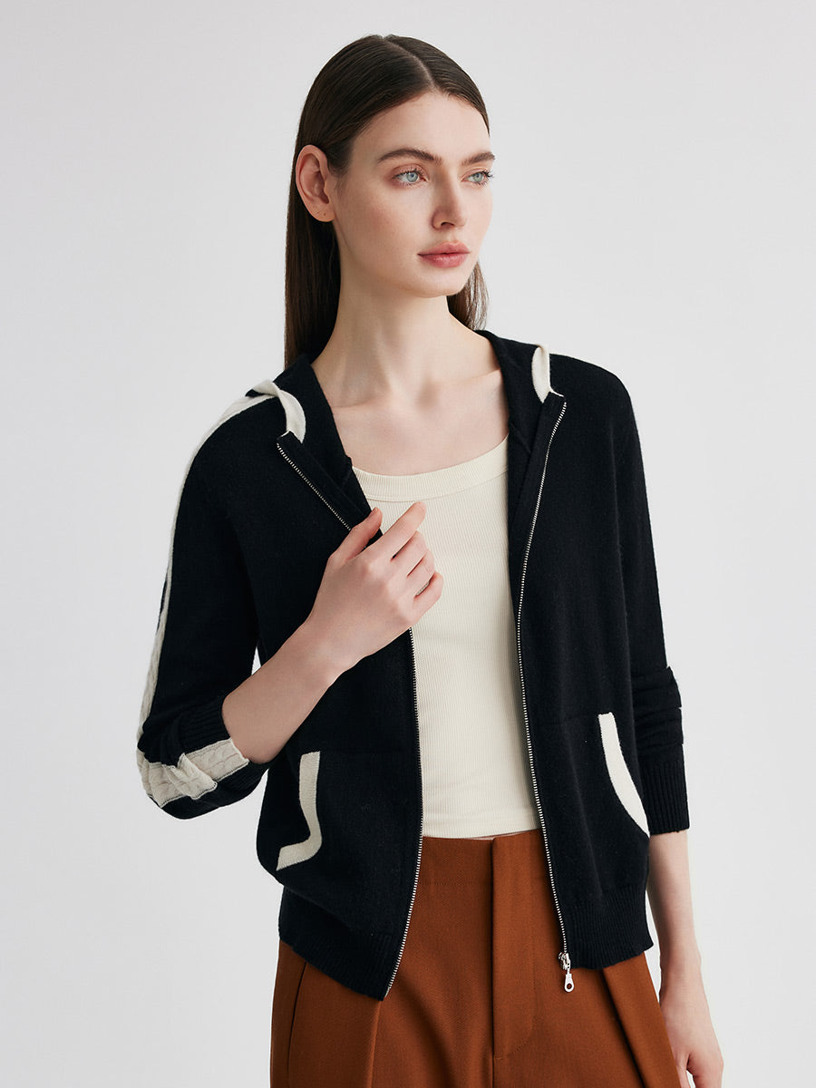 COMOBOCA 100% Cashmere Women's Color Block Zip Up Hoodie