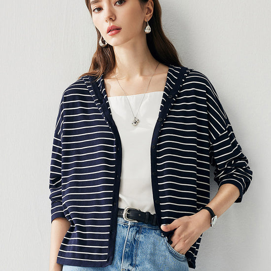 COMOBOCA Navy Blue Women's Striped Button Hooded Cardigan