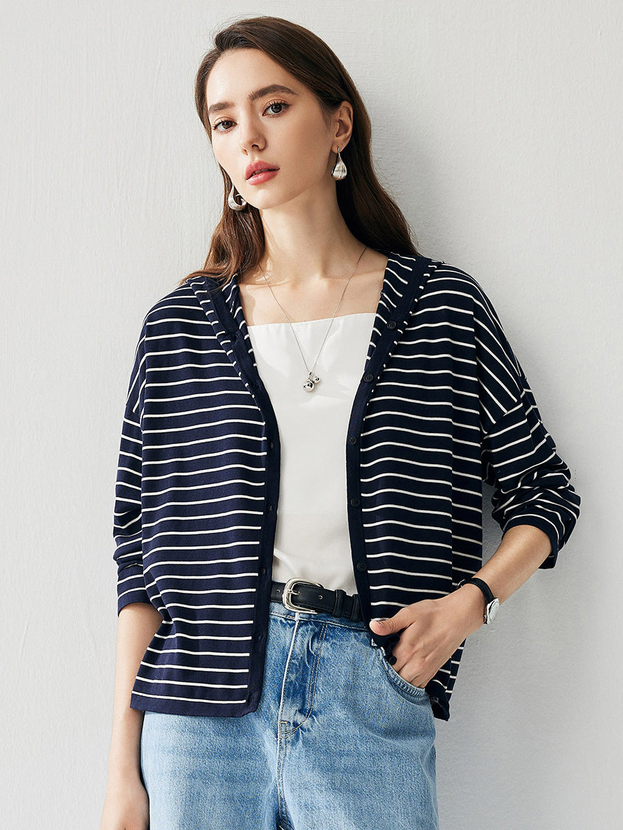 COMOBOCA Navy Blue Women's Striped Button Hooded Cardigan