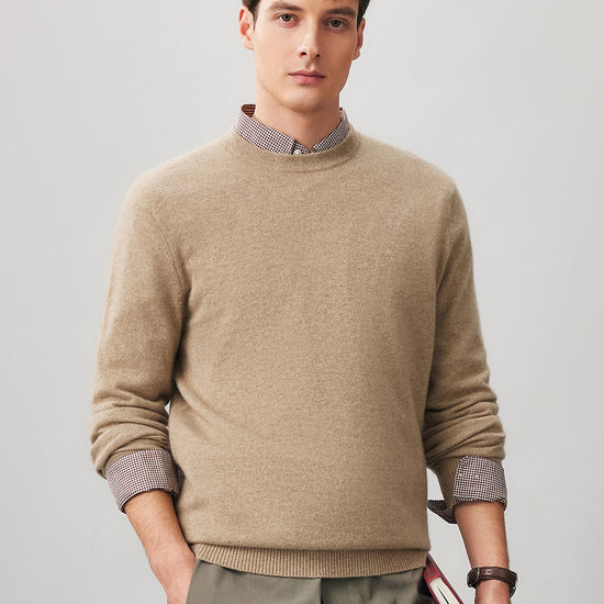 COMOBOCA CAMEL 100% Cashmere Men's Ribbed Round Neck Knit Sweater