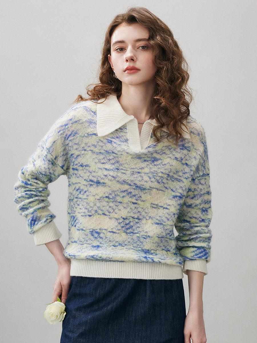 COMOBOCA Women's Wool Ribbed Knit Polo Sweater