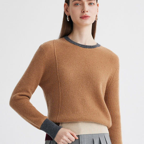 COMOBOCA 100% Cashmere Women's Color Block Ribbed Knit Sweater