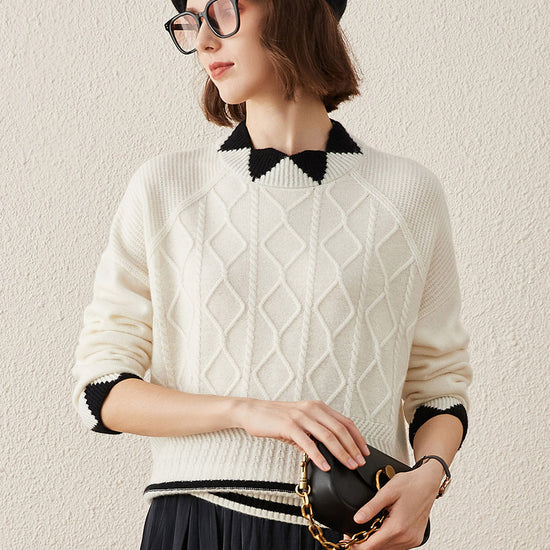 COMOBOCA White 100% Cashmere Women's Contrast Jacquard Mock Neck Sweater