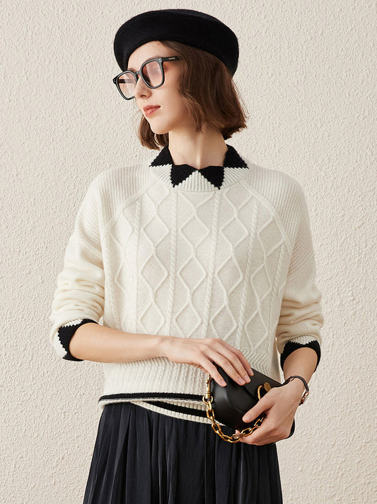 COMOBOCA White 100% Cashmere Women's Contrast Jacquard Mock Neck Sweater