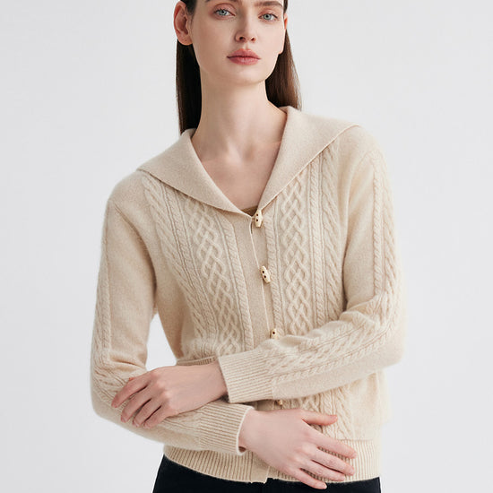 COMOBOCA Beige 100% Cashmere Women's Sailor Collar Cable Knit Cardigan