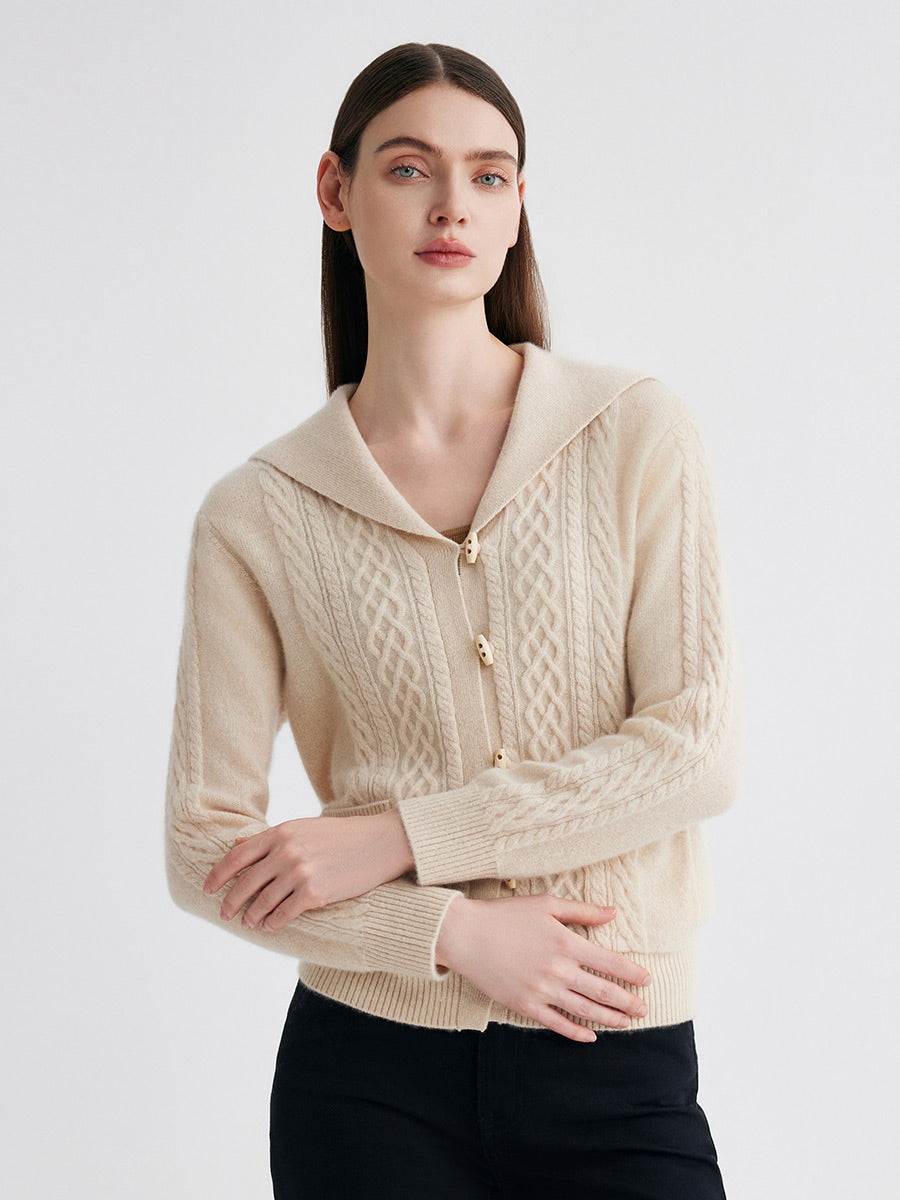 COMOBOCA Beige 100% Cashmere Women's Sailor Collar Cable Knit Cardigan