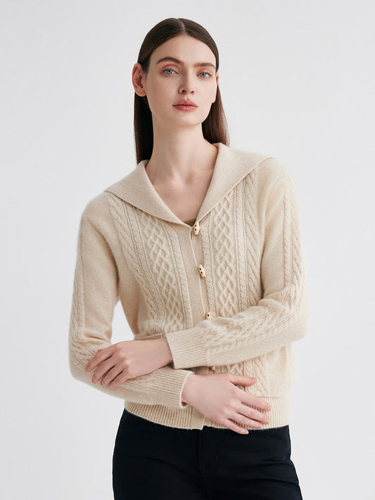 COMOBOCA Beige 100% Cashmere Women's Sailor Collar Cable Knit Cardigan