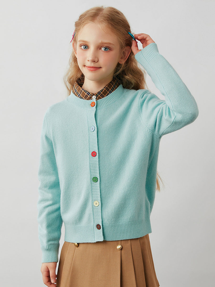 COMOBOCA 100% Wool Kids' Colorful Buttons Round Neck Cardigan