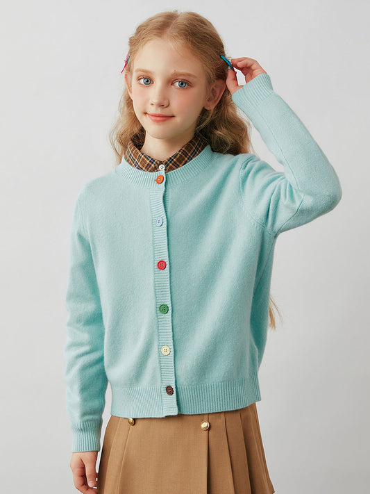 COMOBOCA 100% Wool Kids' Colorful Buttons Round Neck Cardigan