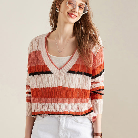COMOBOCA Brick Red 100% Cashmere Women's Striped V-Neck Knit Sweater