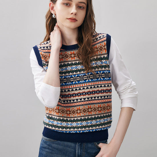 COMOBOCA Geometric 100% Wool Women's Fair Isle Knit Vest