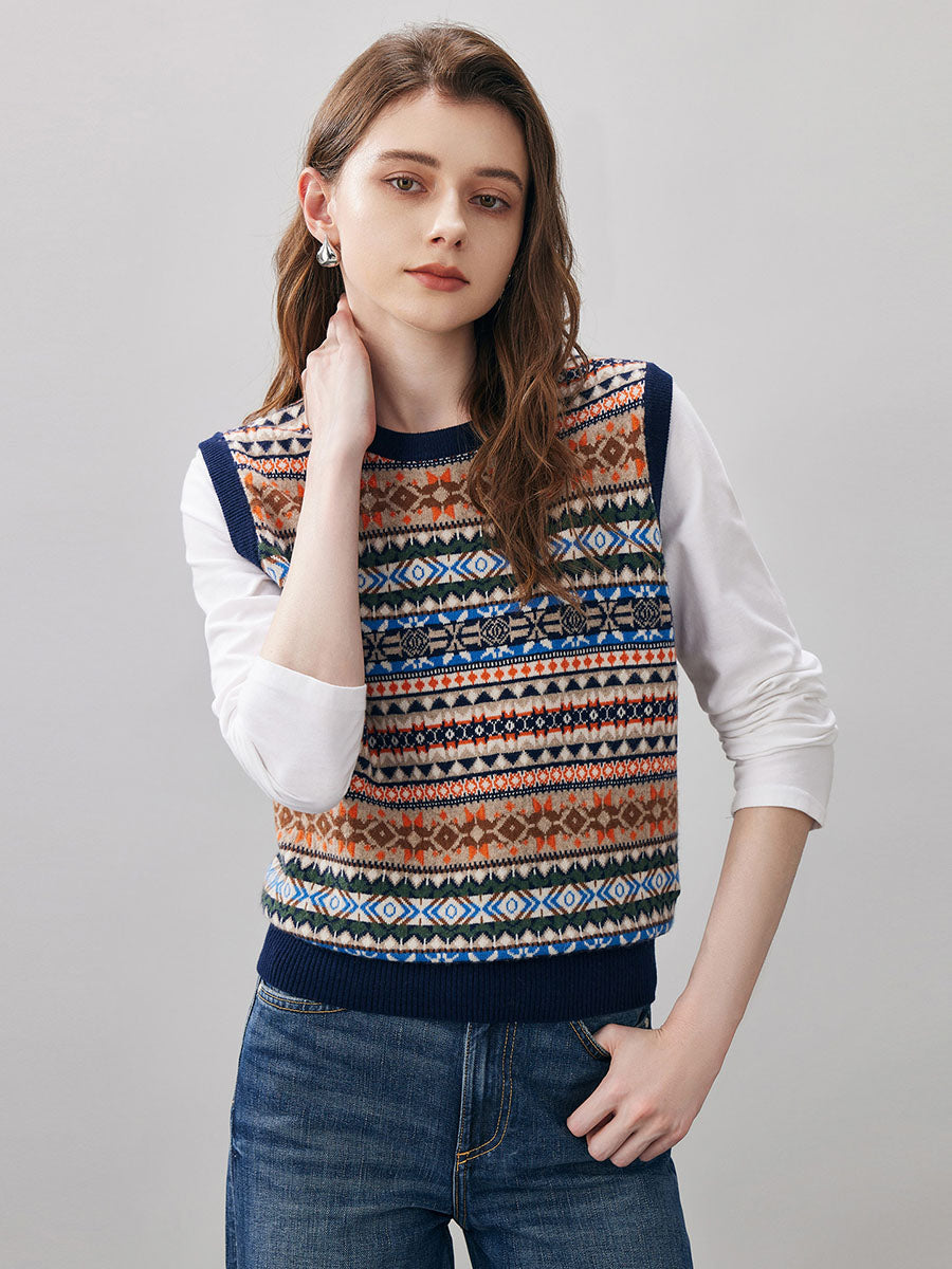 COMOBOCA Geometric 100% Wool Women's Fair Isle Knit Vest