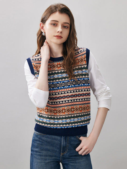 COMOBOCA Geometric 100% Wool Women's Fair Isle Knit Vest