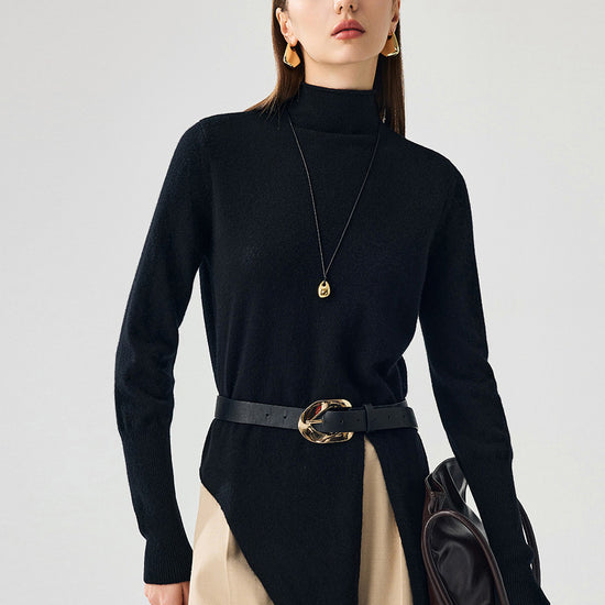 COMOBOCA Black 100% Cashmere Women's Mock Neck Tie-Waist Sweater