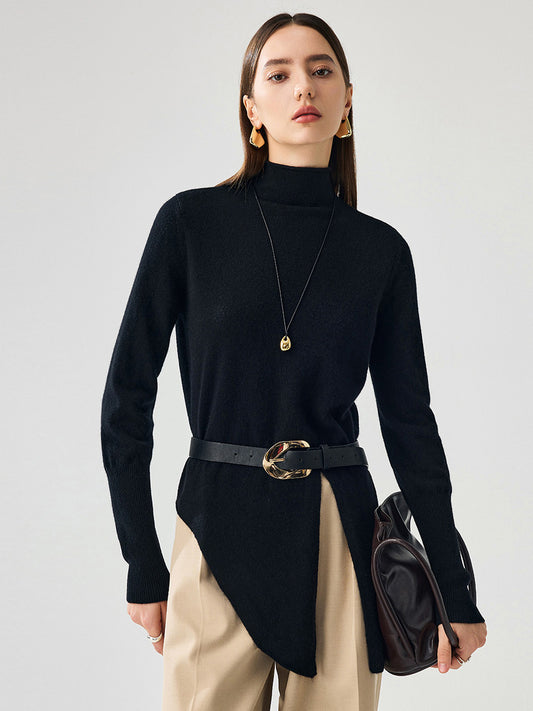 COMOBOCA Black 100% Cashmere Women's Mock Neck Tie-Waist Sweater