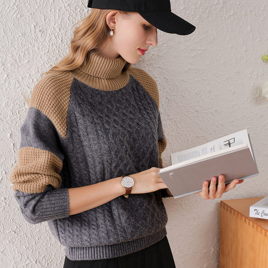 COMOBOCA 100% Cashmere Women's Cable Knit Color Block Sweater