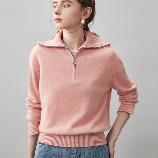 COMOBOCA Light Pink 100% Cashmere Women's Half Zip Mock Neck Knit Sweater