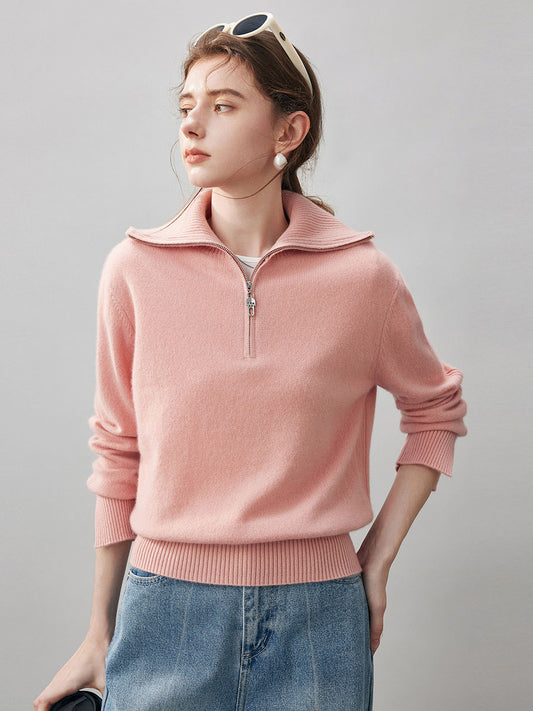 COMOBOCA Light Pink 100% Cashmere Women's Half Zip Mock Neck Knit Sweater