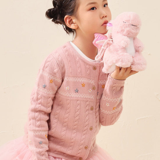 COMOBOCA Pink 100% Wool Kid's Floral Embroidered Cable Knit Cardigan