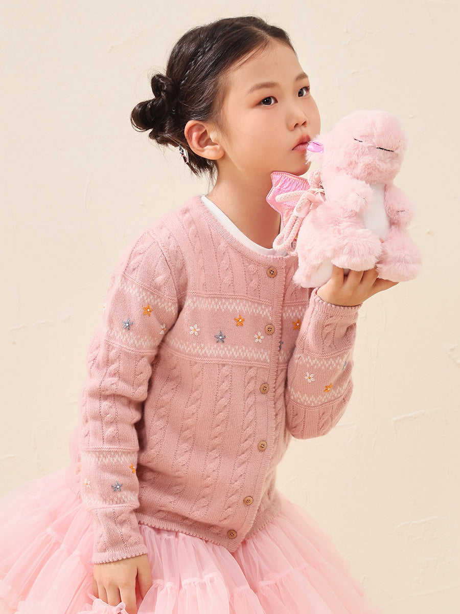 COMOBOCA Pink 100% Wool Kid's Floral Embroidered Cable Knit Cardigan