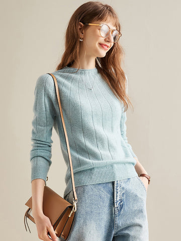 COMOBOCA Light Green 100% Cashmere Women's Ribbed Knit Pullover Sweater