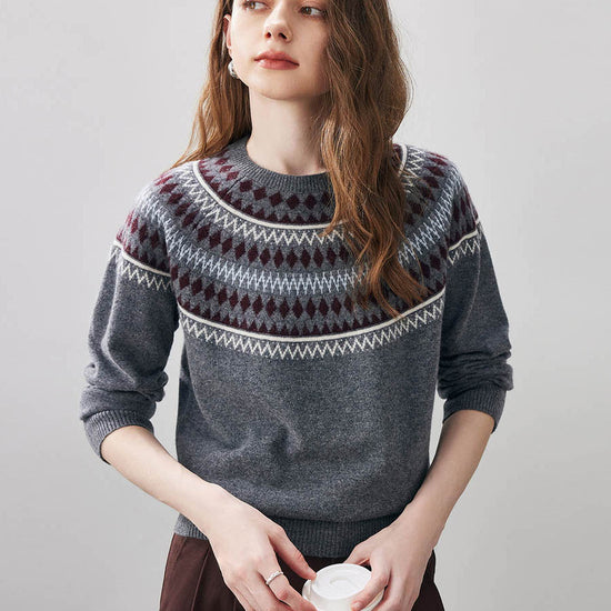 COMOBOCA Charcoal 100% Wool Women's Geometric Fair Isle Knit Sweater