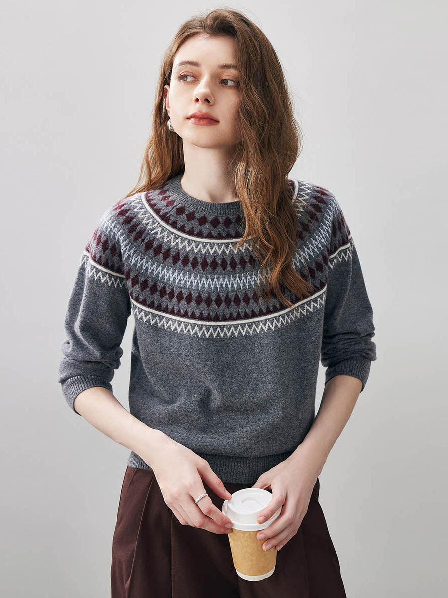 COMOBOCA Charcoal 100% Wool Women's Geometric Fair Isle Knit Sweater