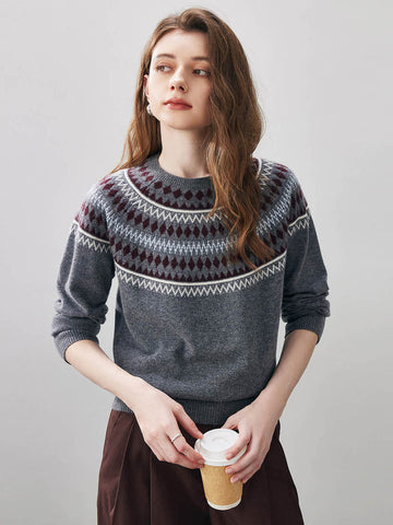 COMOBOCA Charcoal 100% Wool Women's Geometric Fair Isle Knit Sweater